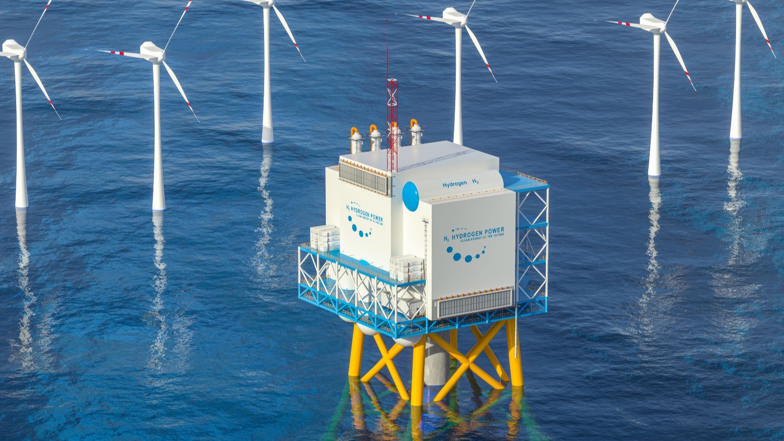 Das Bild zeigt einen Elektrolyseur auf dem Meer umgeben von Windrädern.