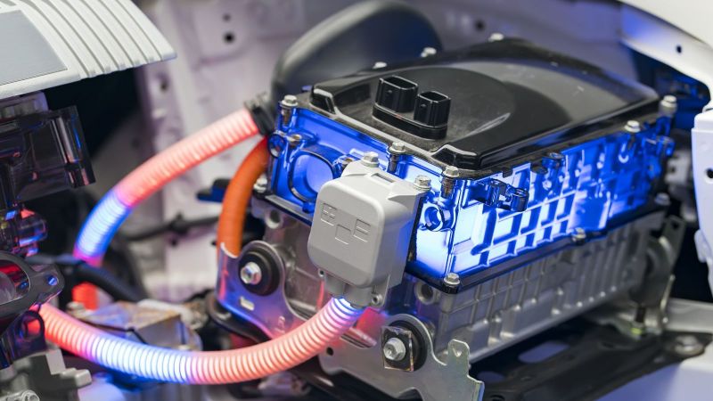 Das Foto zeigt eine Brennstoffzelle, an den Motor eines Fahrzeugs angeschlossen. 