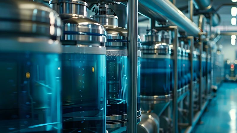 Das Bild zeigt Bioreaktoren, in denen Mikroorganismen durch Fermentation neue Stoffe herstellen.