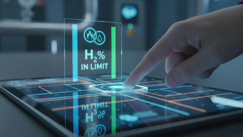 Das Bild zeigt eine Hand, die mit einem Finger auf einen Touchscreen tippt. Ein Hologramm zeigt den Wasserstoffstand an.