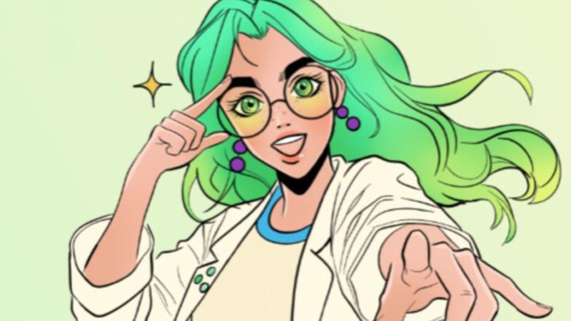 Das Comic-Bild zeigt die Comicfigur Electra aus dem Wasserstoff-Comic. Sie hat grüne Haare und eine Brille.