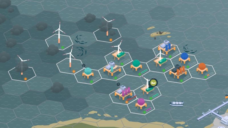 Screenshot des H2Mare-Spiels. Zu sehen sind verschiedene Anlagen in einer virtuellen Meeresumgebung.