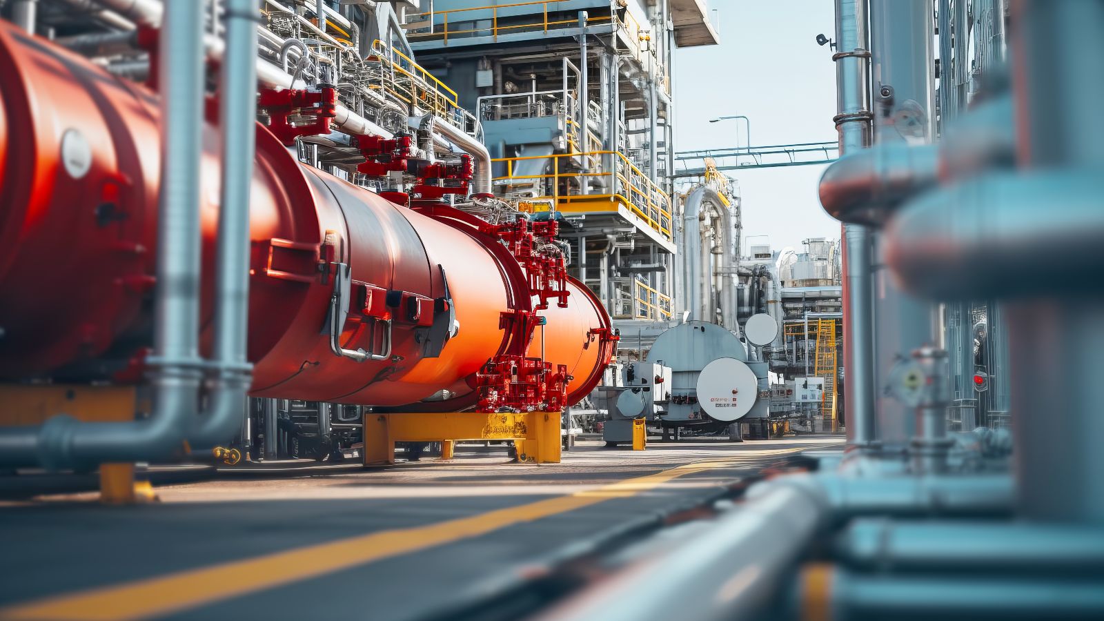 Das Bild zeigt ein Industriegelände, auf dem diverse Gasspeicher stehen und Wasserstoff-Leitungen verlaufen. 