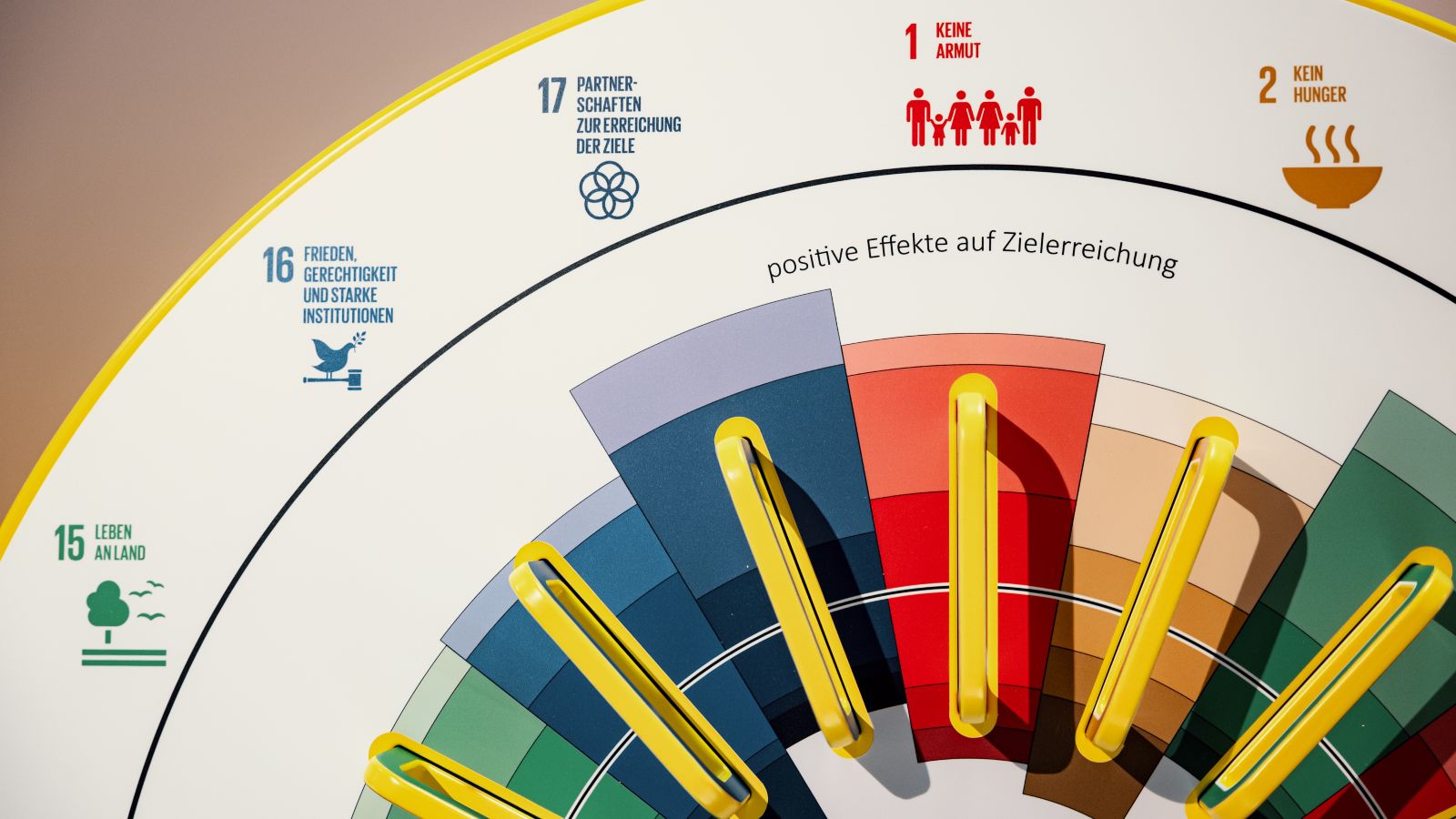 Das Bild zeigt ein Ausstellungselement zur den Nachhaltigkeitszielen der UN. 