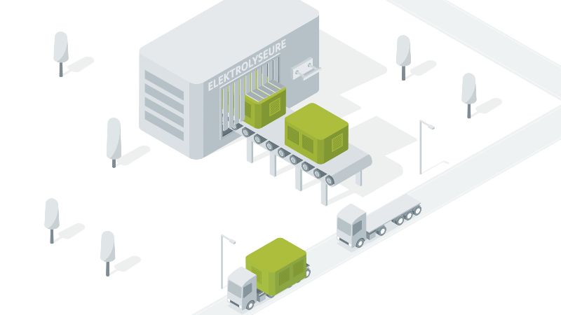 The picture shows the industrial production of electrolyzers.