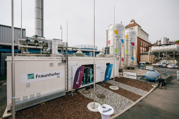 Überblick über die Laboranlage auf dem Gelände der Stadtwerke Zittau. Man erkennt einen Container, der Apparaturen beinhaltet sowie die Betriebsumgebung der Stadtwerke.